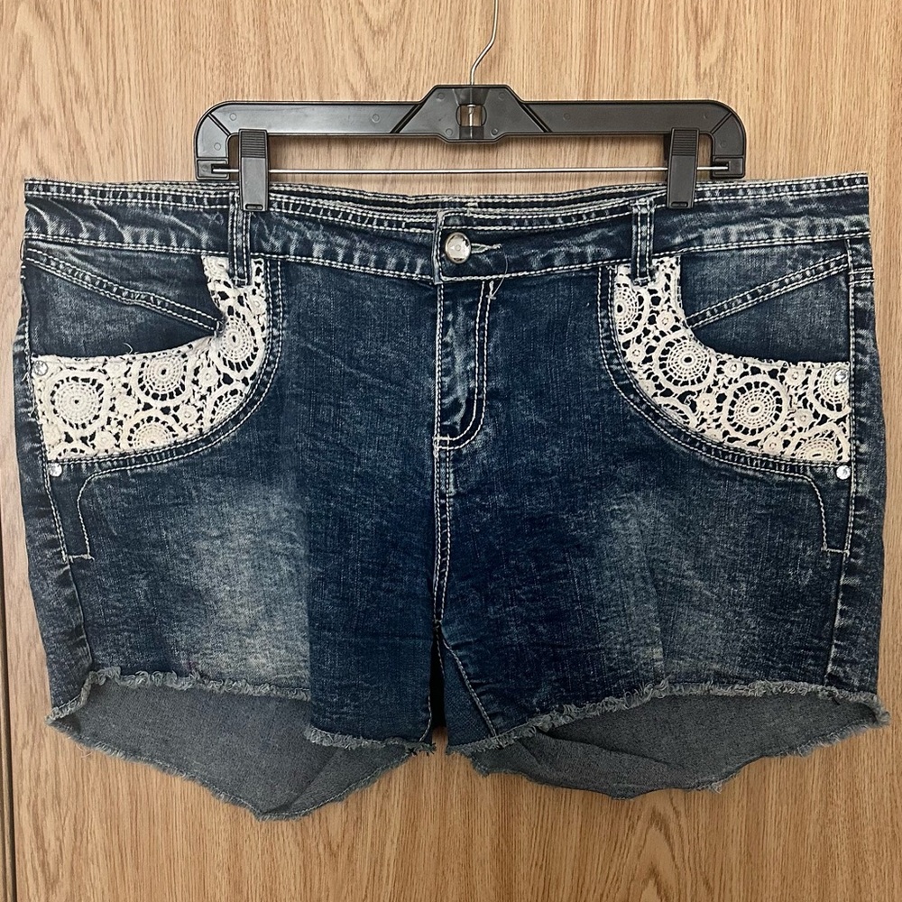 Rue21 Curvy Plus Dark Blue Jean Shorts with Lace and Gem Accents